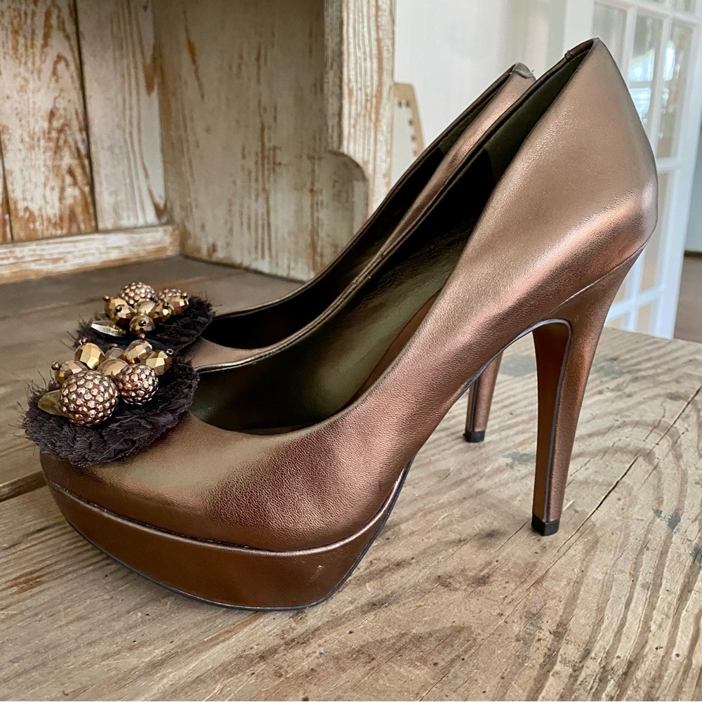 BCBG generation platform heels, copper size 6 1/2 with pom-pom decor on toe